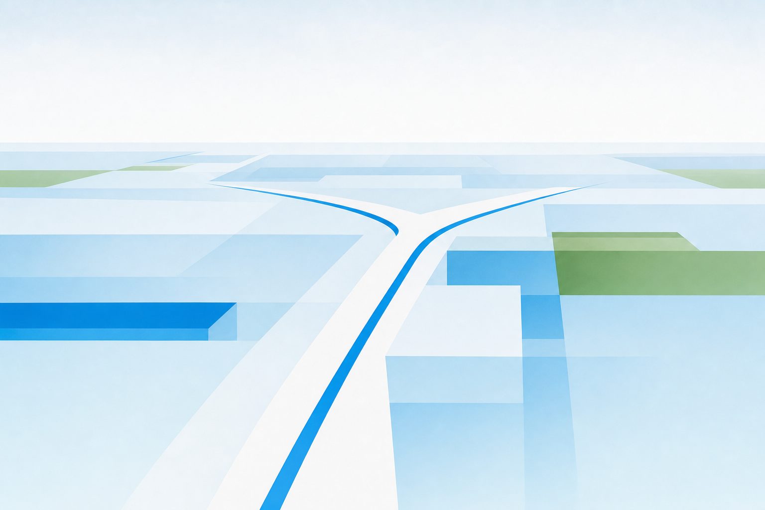 A calm pale blue path that divides into two gentle directions across an open landscape