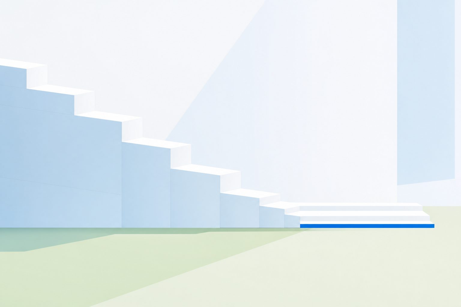 Pale blue stair steps of equal height reaching calm, level ground