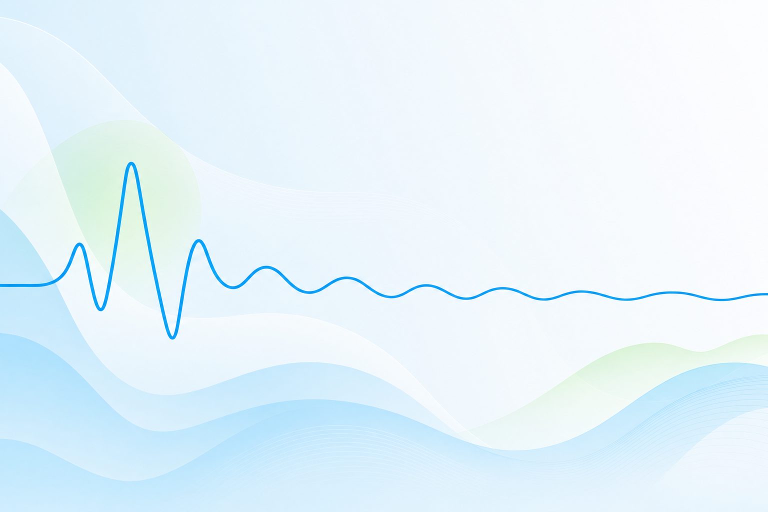 An abstract heartbeat line settling into gentle waves on a pale blue background