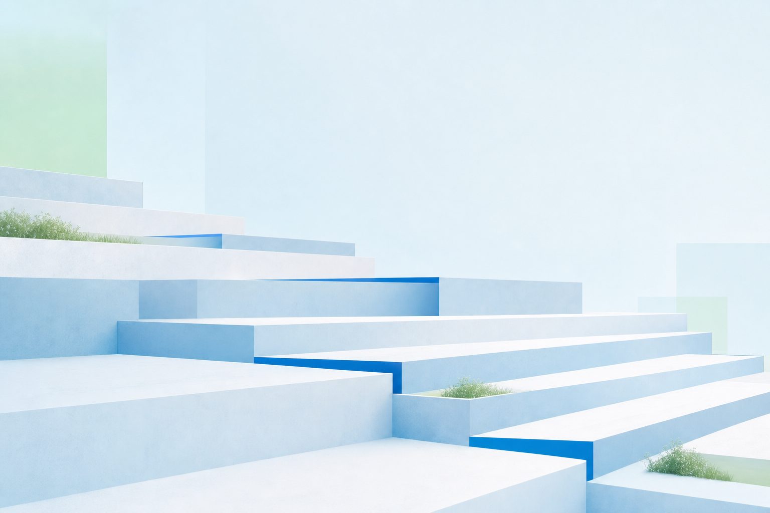 Pale blue terraced steps descending across a calm light background