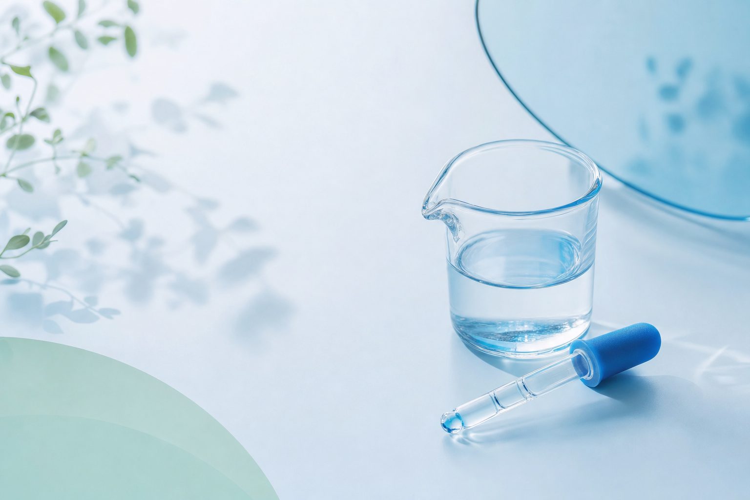 A small glass measuring cup and a dropper on a plain pale blue surface