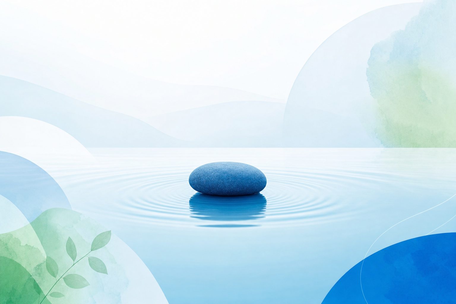 A single smooth stone resting on a still pale blue surface with soft ripples