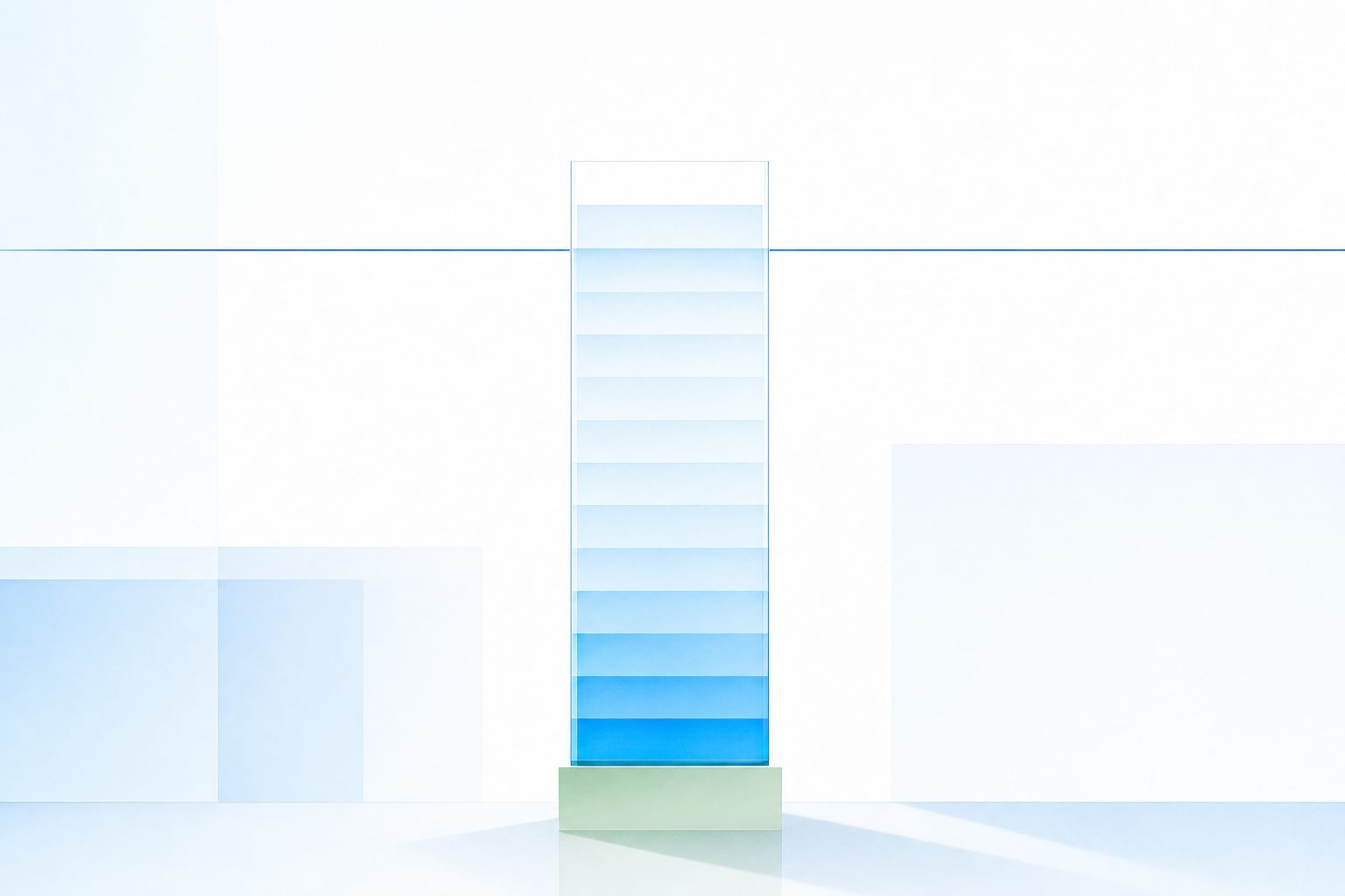 Pale blue layers slowly filling a tall glass-like column, rising past a level line
